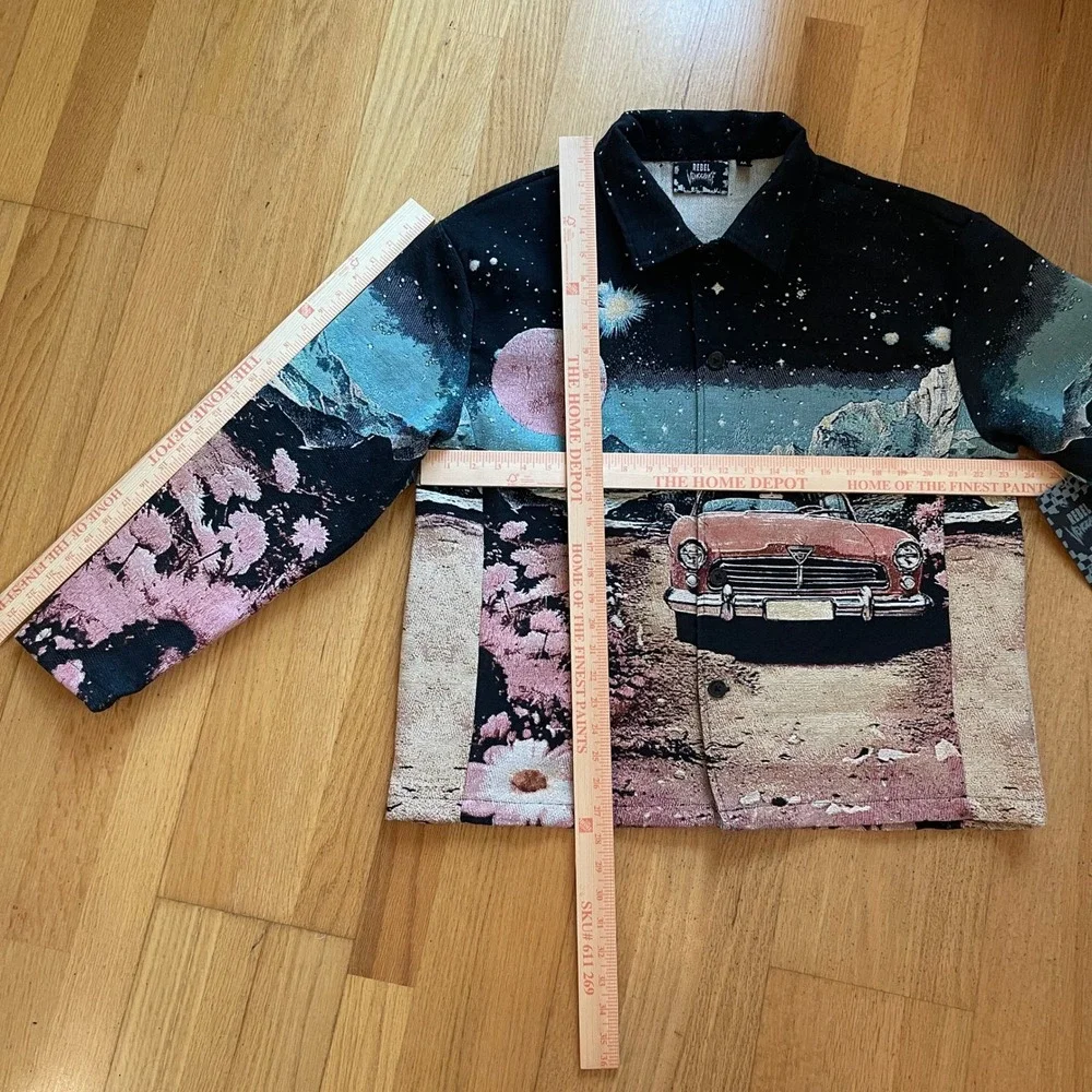 NWT Rebel Vengeance Mens Tapestry‎ Jacket Black Pink Vintage Car Moon Woven Sz M
